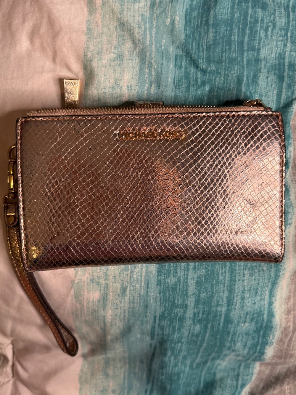 Michael Kors Metallic Rose Gold Snake-Embossed Wristlet